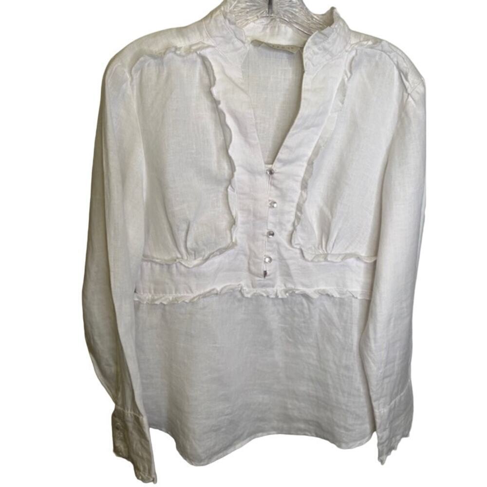 Tweeds White Ruffle detail‎ linen tunic style Pull over blouse size Medium